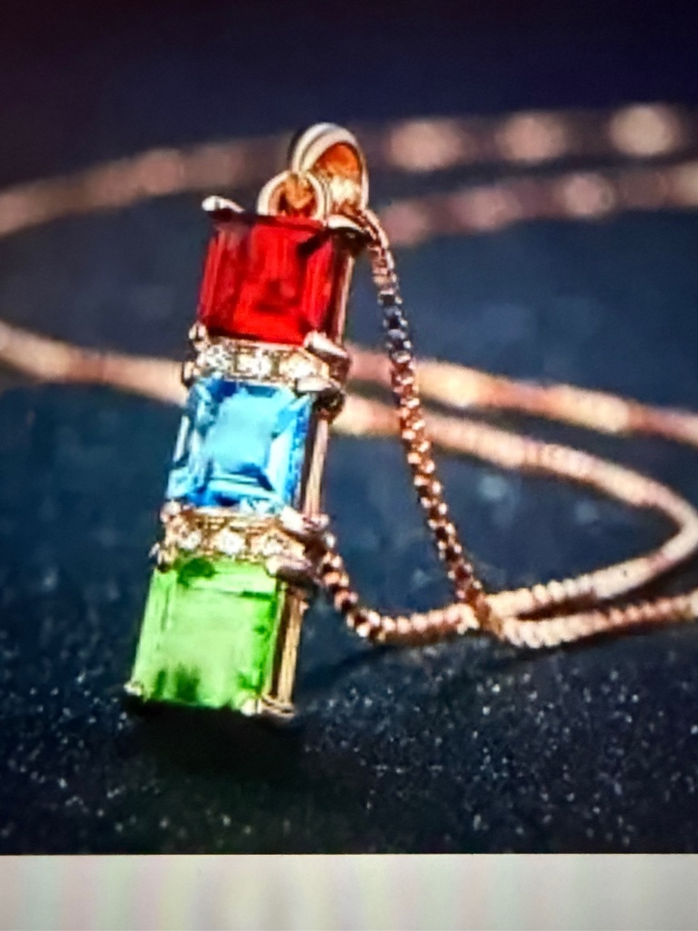 Three Stone Pendant, Ruby, Acquamarine & Peridot - 18kt Yellow Rose Plated Chain